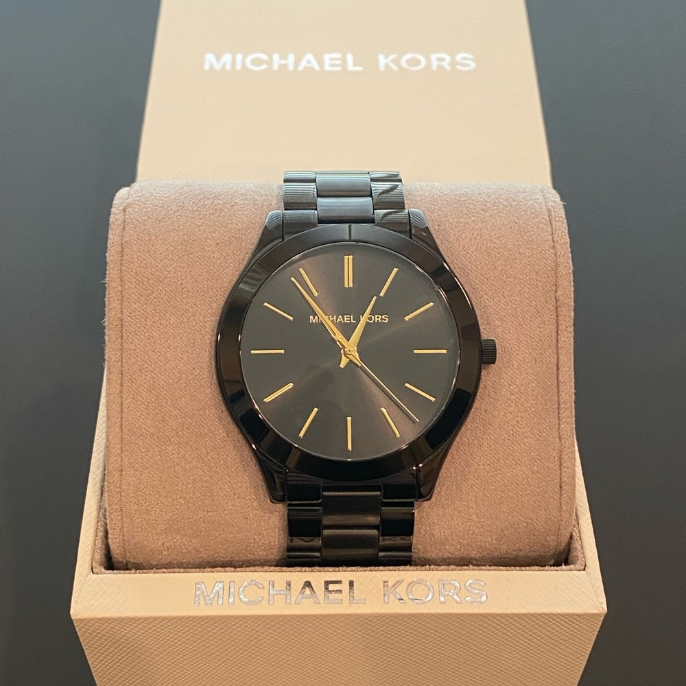 Michael Kors Black and Gold Slim Runway Stainless Steep Hand Bracelet Wa…